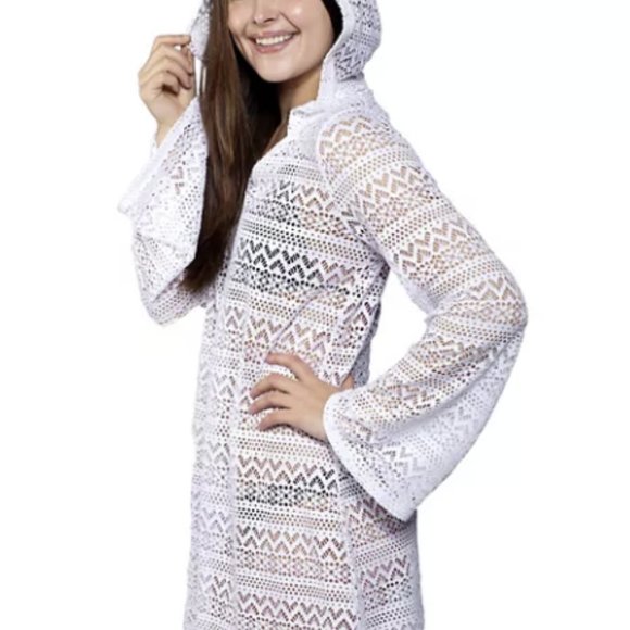 MIKEN SHEER CROCHET HOODED SWIM COVER UP SIZE M  #576 - Picture 2 of 4